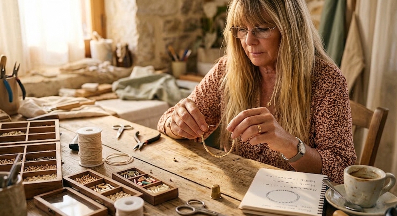 Lindy in her sunlit Paphos studio, hand-stringing a Whispering Wristwear bracelet at her wooden workbench